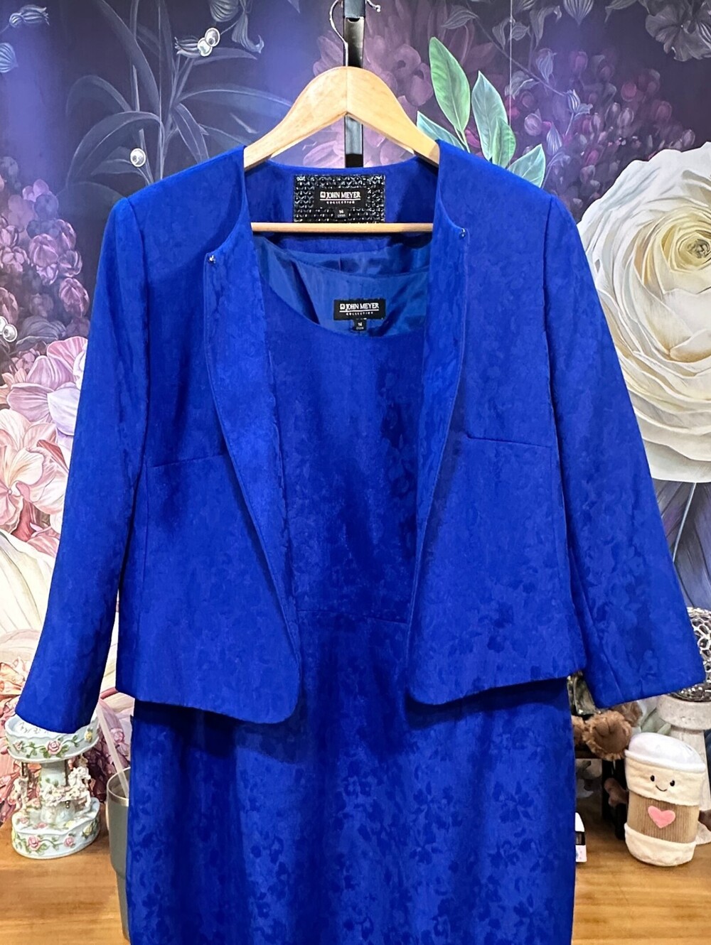 John Meyer 14 Royal Blue Dress Suit Jacquard 2Pc Sleeveless Cropped Scoop Neck
